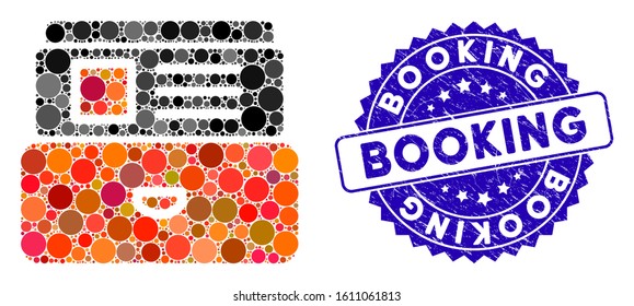 Mosaic catalog icon and rubber stamp seal with Booking phrase. Mosaic vector is created from catalog icon and with randomized circle spots. Booking seal uses blue color, and rubber design.