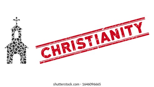 Mosaic catholic kirch icon and grunge stamp seal with red Christianity caption between double parallel lines. Mosaic vector is created with catholic kirch icon and with randomized oval items.