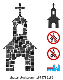 Mosaic Catholic kirch icon united from square items in variable sizes and color hues. Vector square elements are arranged into abstract mosaic catholic kirch icon. Bonus icons are placed.