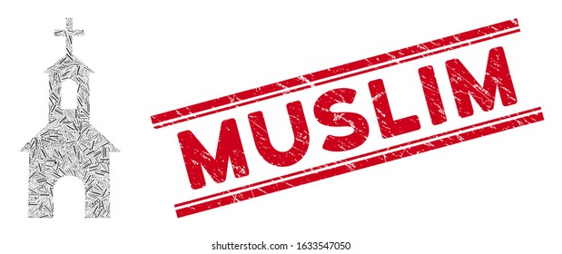 Mosaic catholic kirch pictogram and red Muslim seal between double parallel lines. Flat vector catholic kirch mosaic icon of randomized rotated line elements.