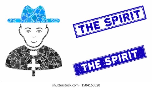 Mosaic catholic priest icon and rectangular The Spirit rubber prints. Flat vector catholic priest mosaic pictogram of scattered rotated rectangular items. Blue The Spirit stamps with rubber surface.