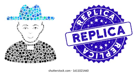 Mosaic catholic priest icon and rubber stamp seal with Replica phrase. Mosaic vector is created with catholic priest pictogram and with random circle spots. Replica stamp seal uses blue color,