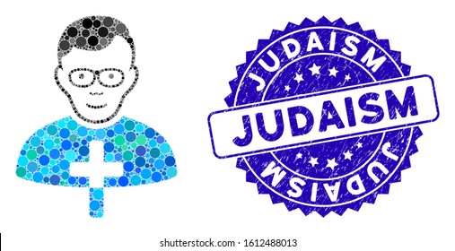 Mosaic catholic shepherd icon and rubber stamp seal with Judaism phrase. Mosaic vector is created from catholic shepherd icon and with random circle items. Judaism stamp seal uses blue color,