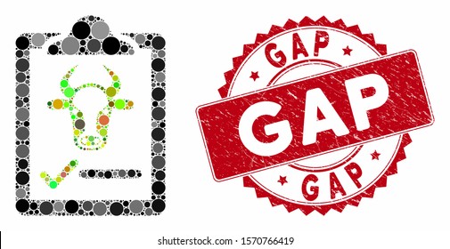 Mosaic cattle contract and rubber stamp seal with Gap text. Mosaic vector is designed with cattle contract icon and with scattered round elements. Gap stamp seal uses red color, and grunged design.