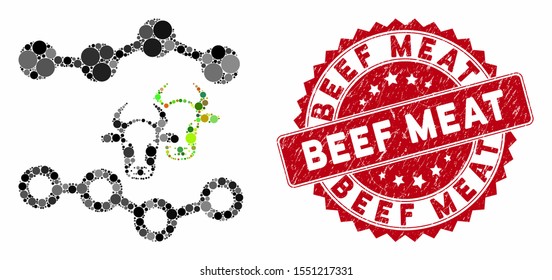 Mosaic cattle dotted charts and grunge stamp seal with Beef Meat text. Mosaic vector is created from cattle dotted charts icon and with randomized spheric items. Beef Meat stamp seal uses red color,