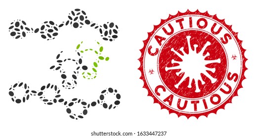 Mosaic cattle dotted charts icon and red rounded grunge stamp seal with Cautious text and coronavirus symbol. Mosaic vector is created from cattle dotted charts icon and with scattered ellipse spots.