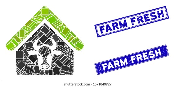 Mosaic cattle farm pictogram and rectangle Farm Fresh rubber prints. Flat vector cattle farm mosaic pictogram of scattered rotated rectangle items.