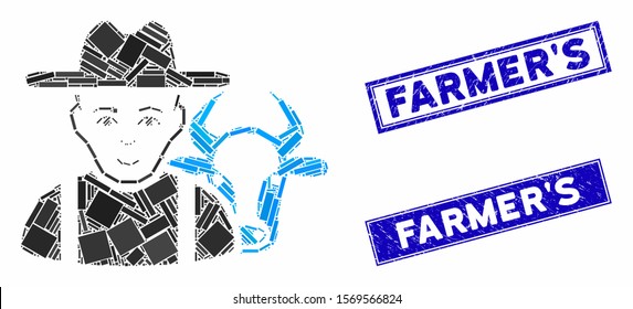 Mosaic cattle farmer icon and rectangular seal stamps. Flat vector cattle farmer mosaic icon of randomized rotated rectangular items. Blue caption rubber seals with rubber surface.