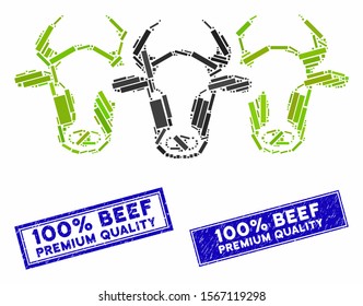 Mosaic cattle icon and rectangle seal stamps. Flat vector cattle mosaic icon of scattered rotated rectangle elements. Blue caption seal stamps with grunge surface.