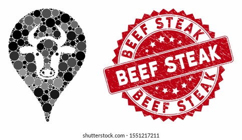 Mosaic cattle marker and corroded stamp seal with Beef Steak text. Mosaic vector is formed with cattle marker icon and with random spheric spots. Beef Steak stamp seal uses red color,