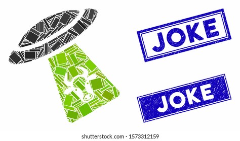 Mosaic cattle UFO abduction pictogram and rectangular Joke watermarks. Flat vector cattle UFO abduction mosaic pictogram of random rotated rectangular elements.