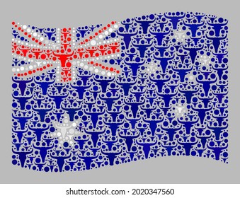 Mosaic cattle waving Australia flag designed with calf items. Vector collage windy Australia flag combined for agriculture wallpapers. Australia flag collage is made with scattered cattle heads.