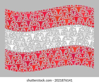 Mosaic cattle waving Austria flag designed of bull items. Vector mosaic waving Austria flag done for agriculture purposes. Austria flag collage is made of randomized ox heads.
