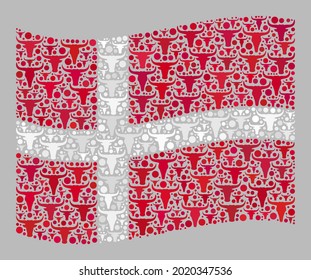 Mosaic cattle waving Denmark flag designed of bull elements. Vector mosaic waving Denmark flag created for farm posters. Denmark flag collage is created with randomized cattle heads.