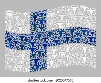 Mosaic cattle waving Finland flag designed of cow head icons. Vector mosaic windy Finland flag done for farm advertisement. Finland flag collage is done of scattered cattle heads.