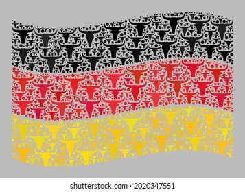 Mosaic cattle waving Germany flag designed of cow items. Vector mosaic waving Germany flag constructed for farm applications. Germany flag collage is constructed from scattered cattle heads.