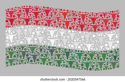 Mosaic cattle waving Hungary flag designed with bull icons. Vector mosaic waving Hungary flag created for farm purposes. Hungary flag collage is created with scattered bull heads.
