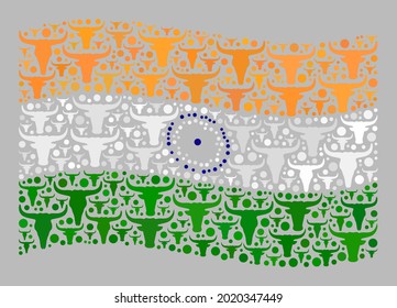 Mosaic cattle waving India flag designed with ox icons. Vector mosaic waving India flag constructed for farm advertisement. India flag collage is done with randomized livestock heads.
