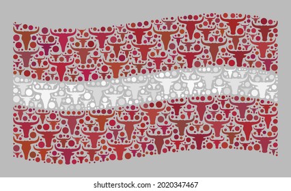 Mosaic cattle waving Latvia flag designed of cow head items. Vector mosaic waving Latvia flag designed for agriculture illustrations. Latvia flag collage is constructed of random ox heads.