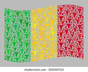 Mosaikrinder, die die malische Flagge schwingen und mit Rindfleischprodukten ausgestattet sind. Vektorgrafik windet die Mali-Fahne, die für Werbung in der Landwirtschaft gemacht wurde. Mali Fahnenkollage besteht aus randomisierten Rinderköpfen.