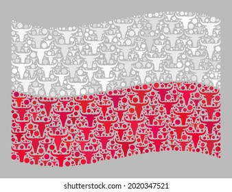 Bovino mosaico ondeando la bandera de Polonia diseñada con objetos de ganado. Bandera polaca de viento de colección vectorial diseñada para publicidad agrícola. El collage de la bandera de Polonia está hecho con cabezas de ganado dispersas.