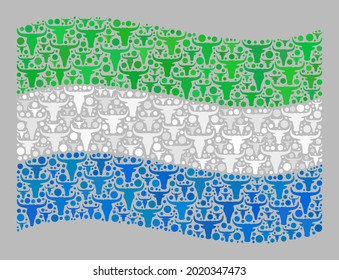 Mosaic cattle waving Sierra Leone flag designed of beef elements. Vector mosaic waving Sierra Leone flag designed for agriculture advertisement. Sierra Leone flag collage is made of random cow heads.