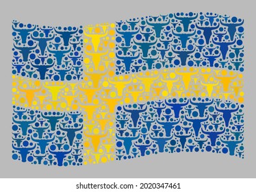 Mosaic cattle waving Sweden flag created with ox items. Vector collage waving Sweden flag done for agriculture purposes. Sweden flag collage is done from random ox heads.