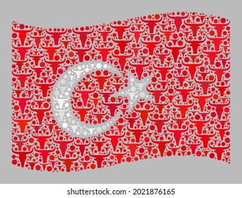 Mosaic cattle waving Turkey flag constructed with cow elements. Vector mosaic waving Turkey flag created for agriculture projects. Turkey flag collage is formed from randomized cattle heads.