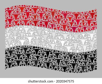 Mosaic Cattle Waving Yemen Flag Designed Of Calf Items. Vector Mosaic Waving Yemen Flag Created For Agriculture Applications. Yemen Flag Collage Is Created From Random Ox Heads.