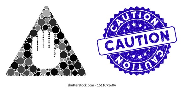 Mosaic caution icon and corroded stamp seal with Caution caption. Mosaic vector is composed with caution icon and with scattered spheric elements. Caution seal uses blue color, and scratched surface.
