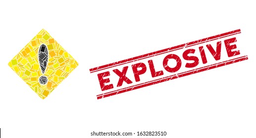 Mosaic caution pictogram and red Explosive seal stamp between double parallel lines. Flat vector caution mosaic pictogram of random rotated rectangle elements.