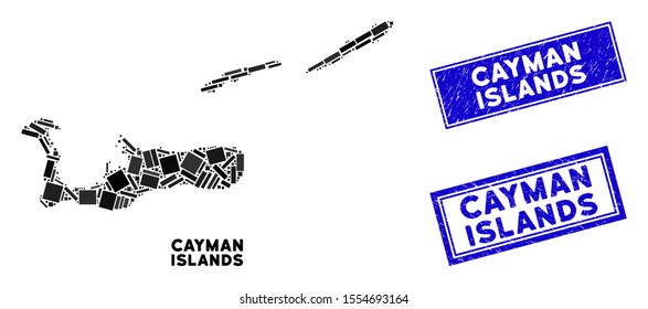 Mosaic Cayman Islands map and rectangle watermarks. Flat vector Cayman Islands map mosaic of random rotated rectangle items. Blue caption watermarks with dirty textures.