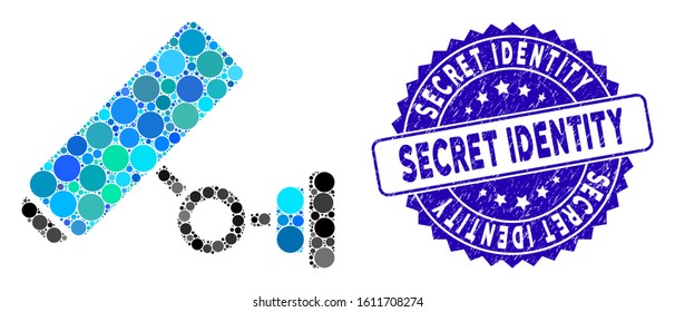 Mosaic CCTV camera icon and rubber stamp watermark with Secret Identity phrase. Mosaic vector is composed with CCTV camera pictogram and with scattered spheric elements.