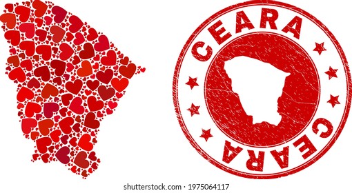 Mosaic Ceara state map formed from red love hearts, and rubber badge. Vector lovely round red rubber badge imprint with Ceara state map inside.