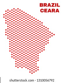 Mosaic Ceara state map of love hearts in red color isolated on a white background. Regular red heart pattern in shape of Ceara state map. Abstract design for Valentine illustrations.