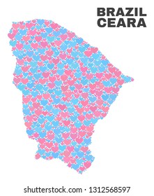 Mosaic Ceara state map of lovely hearts in pink and blue colors isolated on a white background. Lovely heart collage in shape of Ceara state map. Abstract design for Valentine decoration.