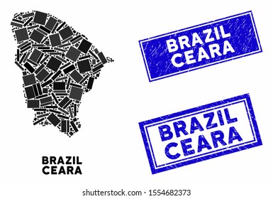 Mosaic Ceara state map and rectangular seal stamps. Flat vector Ceara state map mosaic of randomized rotated rectangular items. Blue caption stamp imprints with distress texture.