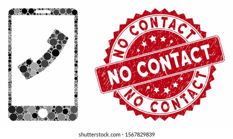 Mosaic cell phone and corroded stamp watermark with No Contact text. Mosaic vector is created with cell phone icon and with random spheric items. No Contact stamp uses red color, and rubber surface.