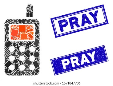 Mosaic cell phone icon and rectangle Pray watermarks. Flat vector cell phone mosaic icon of randomized rotated rectangle elements. Blue Pray watermarks with scratched texture.