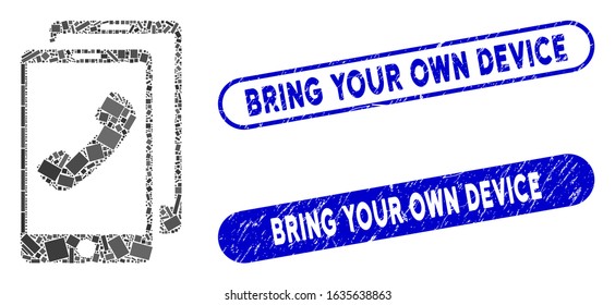 Mosaic cell phones and rubber stamp seals with Bring Your Own Device phrase. Mosaic vector cell phones is formed with random rectangle items. Bring Your Own Device stamp seals use blue color,
