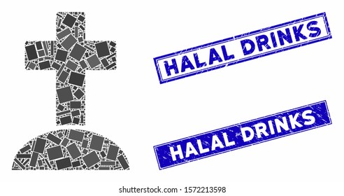 Mosaic cemetery cross pictogram and rectangle Halal Drinks watermarks. Flat vector cemetery cross mosaic pictogram of randomized rotated rectangular elements.