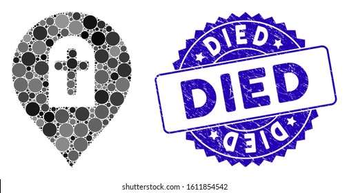 Mosaic cemetery marker icon and grunge stamp watermark with Died phrase. Mosaic vector is created with cemetery marker icon and with random circle spots. Died stamp seal uses blue color,