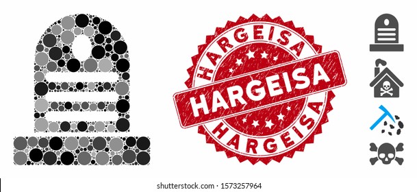 Mosaic cemetery stone icon and distressed stamp seal with Hargeisa caption. Mosaic vector is created with cemetery stone icon and with scattered circle elements. Hargeisa stamp uses red color,