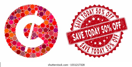 Mosaic cent coin and corroded stamp seal with Save Today 50% Off phrase. Mosaic vector is created with cent coin icon and with randomized circle elements. Save Today 50% Off stamp seal uses red color,