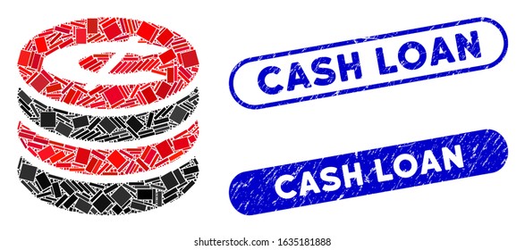 Mosaic cent coins stack and corroded stamp seals with Cash Loan caption. Mosaic vector cent coins stack is created with randomized rectangles. Cash Loan stamp seals use blue color,