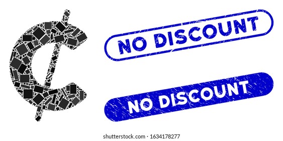 Mosaic cent and distressed stamp seals with No Discount text. Mosaic vector cent is composed with scattered rectangle items. No Discount stamp seals use blue color, and have round rectangle shape.