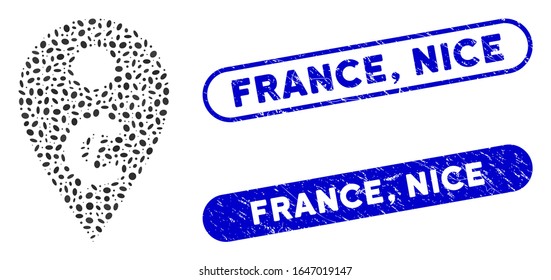 Mosaic cent map marker and corroded stamp watermarks with France, Nice phrase. Mosaic vector cent map marker is designed with random oval items. France, Nice stamp seals use blue color,
