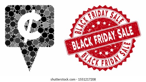 Mosaic cent map pointer and distressed stamp watermark with Black Friday Sale text. Mosaic vector is designed with cent map pointer icon and with scattered spheric elements.
