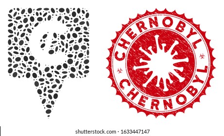 Mosaic cent map pointer icon and red round grunge stamp seal with Chernobyl text and coronavirus symbol. Mosaic vector is composed from cent map pointer icon and with random elliptic elements.