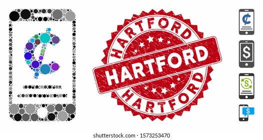 Mosaic cent mobile payment icon and corroded stamp seal with Hartford phrase. Mosaic vector is formed with cent mobile payment icon and with randomized circle items. Hartford stamp uses red color,